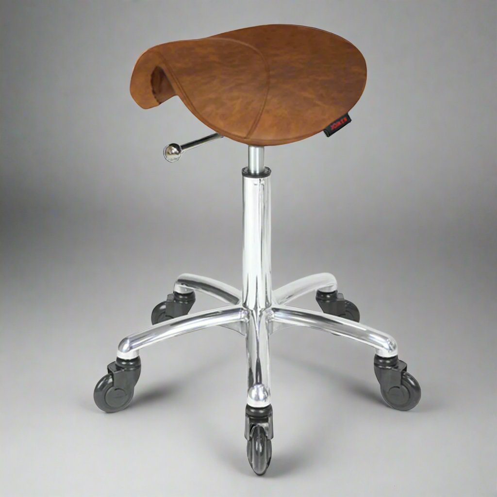 Saddle Stool No Back Tan - Chrome Base - Click'n Clean Castor Wheels