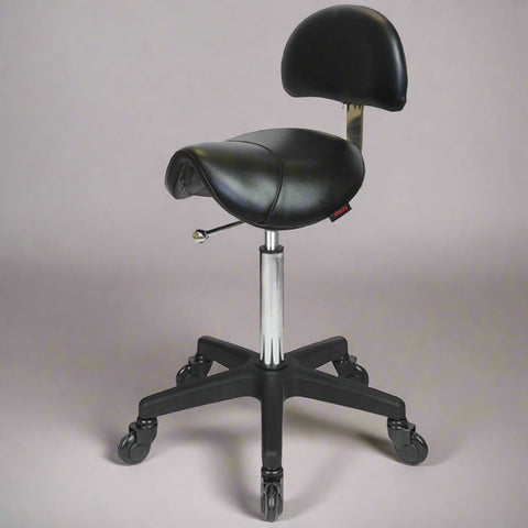 Saddle Stool with Back Black - Black Base - Click'n Clean Castor Wheels