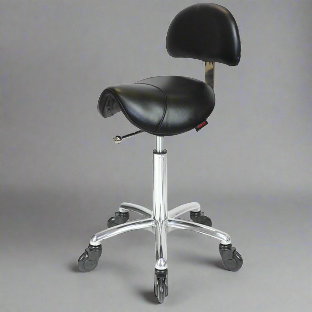 Saddle Stool with Back Black- Chrome Base - Click'n Clean Castor Wheels