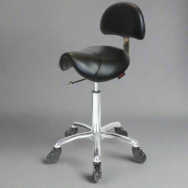 Saddle Stool with Back Black- Chrome Base - Click'n Clean Castor Wheels