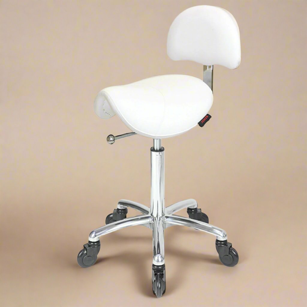 Saddle Stool with Back White- Chrome Base - Click'n Clean Castor Wheels