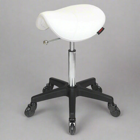 Saddle Stool No Back White - Black Base - Click'n Clean Castor Wheels