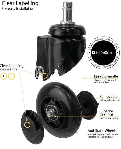 Joiken Dove Stool Black- Chrome Base - Click'n Clean Castor Wheels
